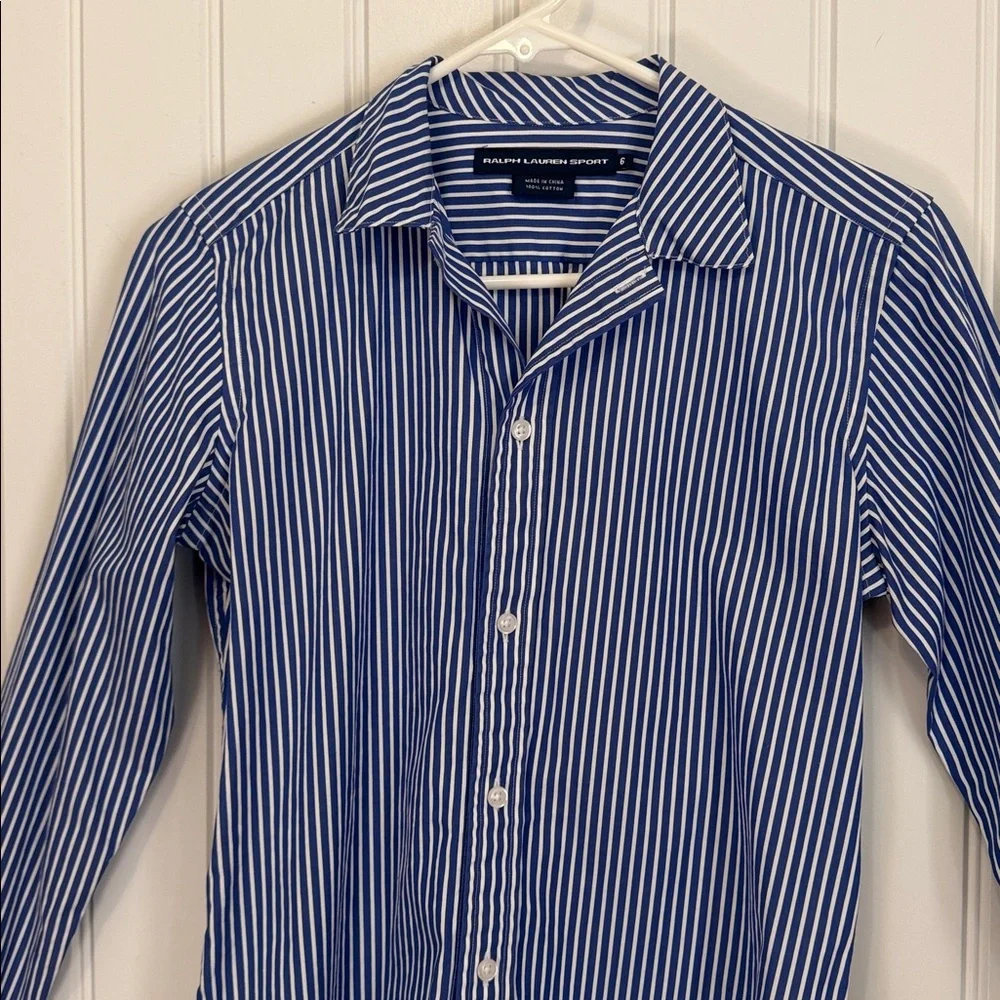 RALPH LAUREN SPORTS BOYS BLUE WHITE STRIPED LONG SLEEVE BUTTON UP SHIRT SIZE 6